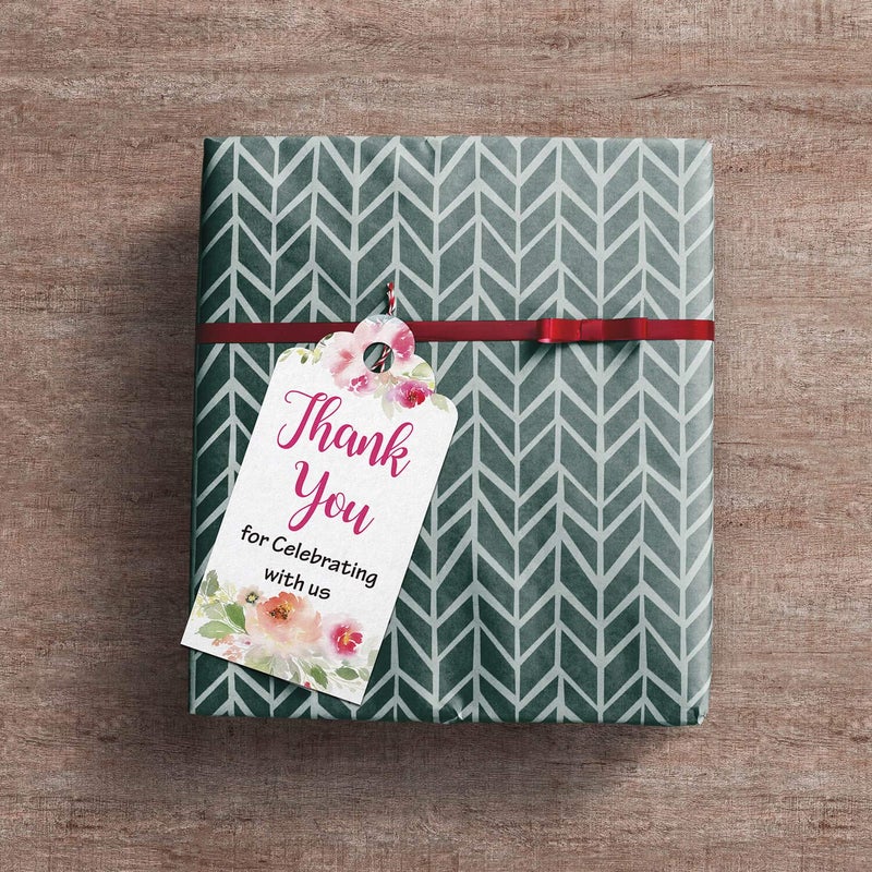Mr.Mug Floral Thank You for Celebrating with Us Tags 100Pcs White Thank You Tags for Wedding Favor Baby Shower Party Favors, Paper Gift Tags with 100 Feet Jute String - Image 5